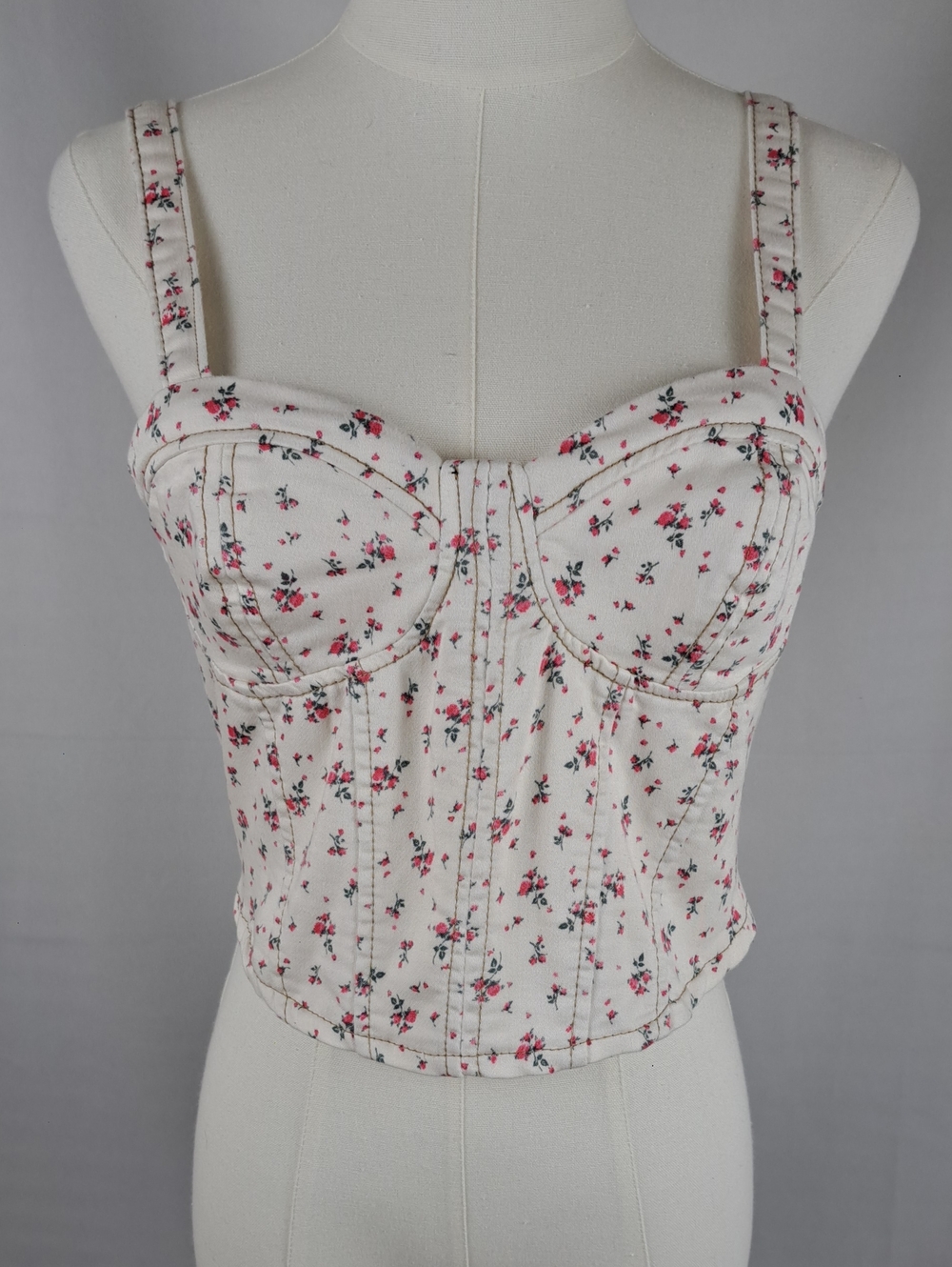 No Boundaries Floral Corset Bustier Crop Top Cream Pink Rose Print Coquette S